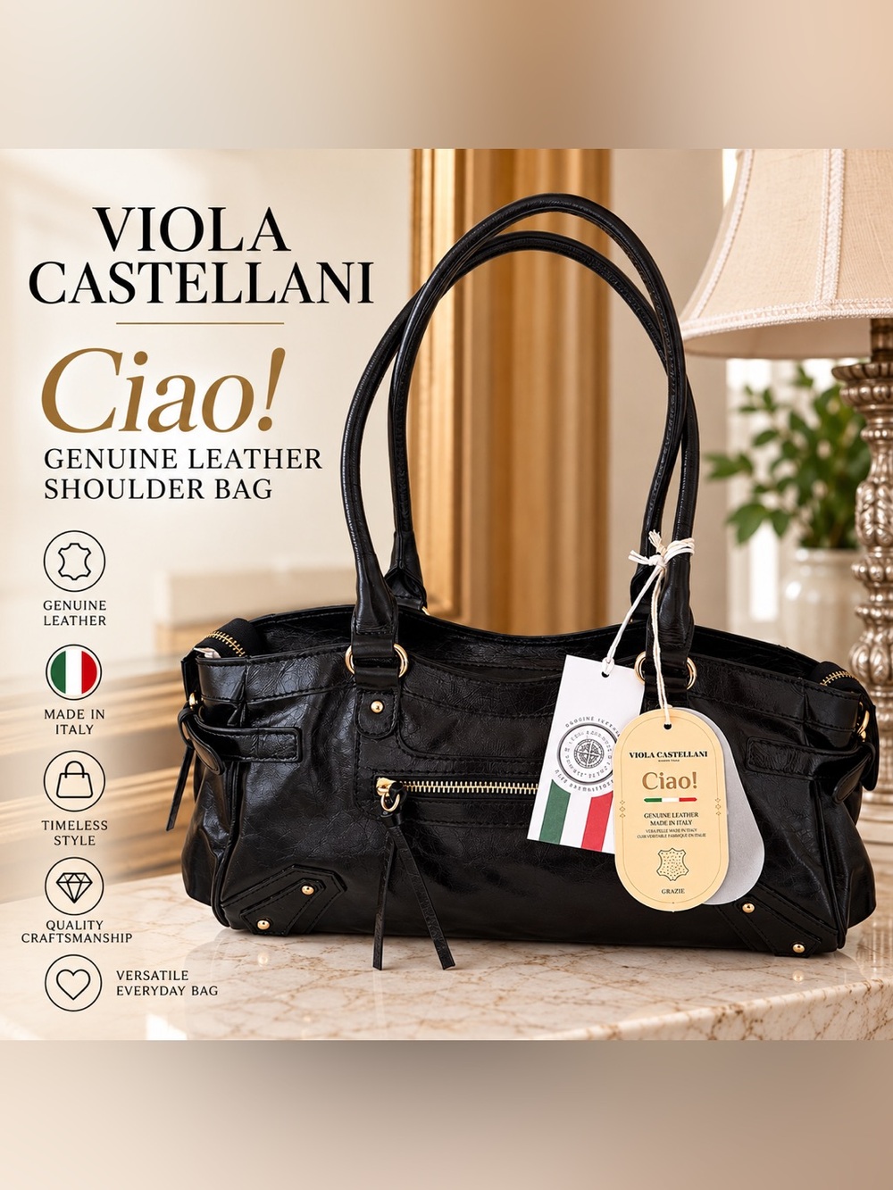 Viola Castellani Italian Leather Shoulder and Crossbody Bag — Made in Italy